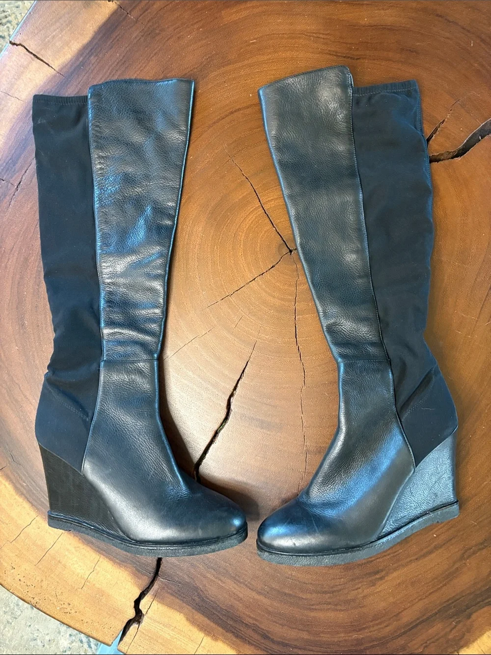 Vince Camuto Kaelen Knee High Wedge Boots Black Leather Tall Boots Sz 9.5